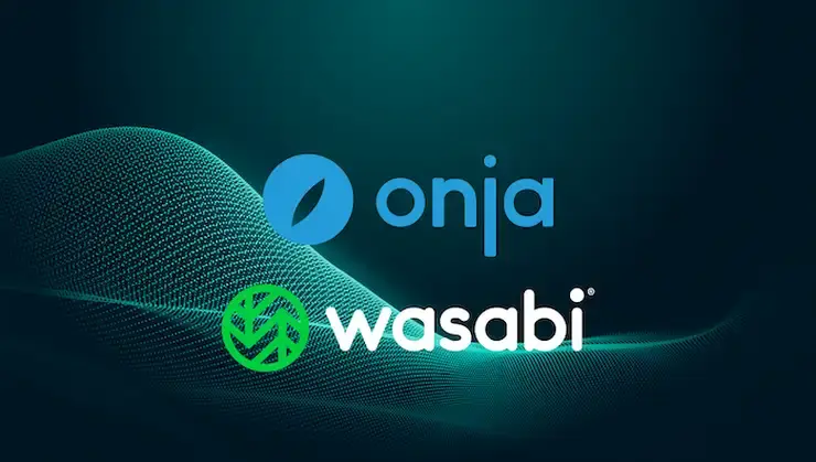 onja and wasabi logos against a green abstract wave